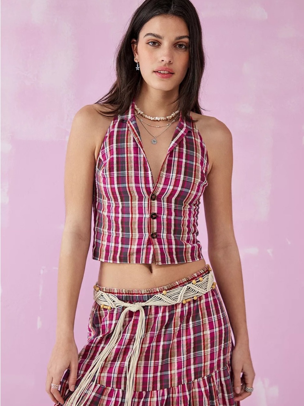 NWT Damson Madder Chilli Check Linen Halterneck Top